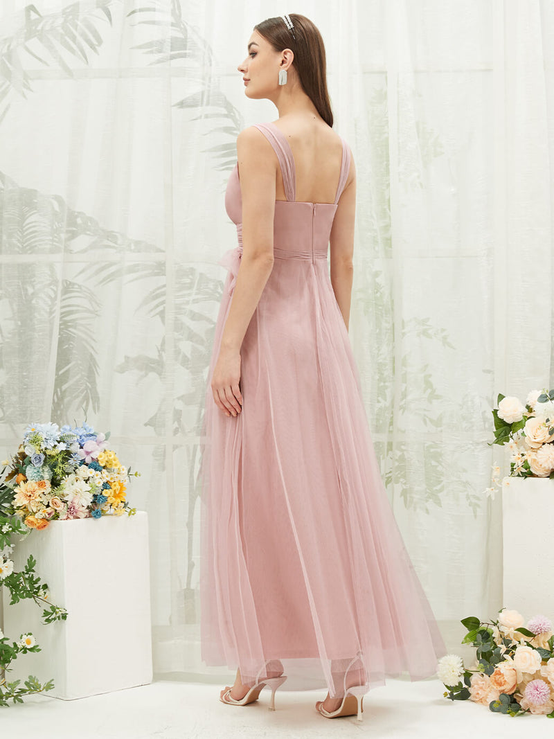 Pink Tulle Sleeveless Straps Floor Length Flowy Wrap Bridesmaid Dress Yedda