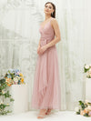 Dusty Pink Tulle Sleeveless Straps Floor Length Flowy Wrap Bridesmaid Dress-Yedda