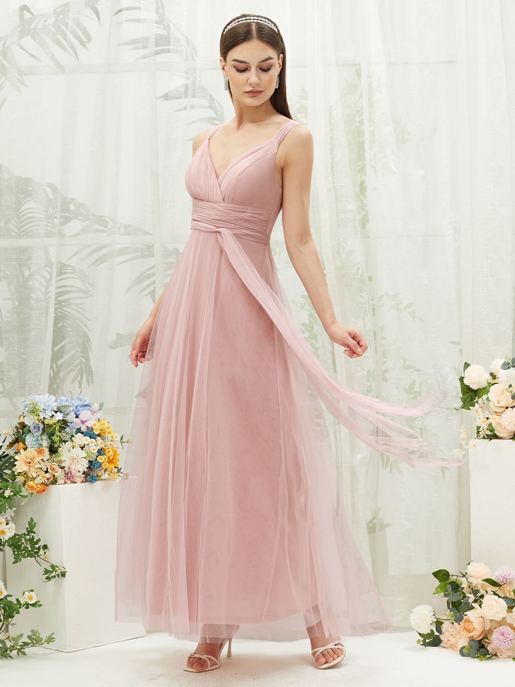 Dusty Pink Sleeveless V Neck Tulle Maxi Bridesmaid Dress Evening