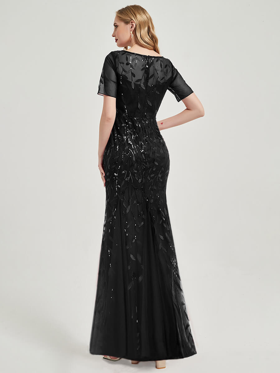 Black Sequin Tulle Mermaid Evening Dress-Nomi