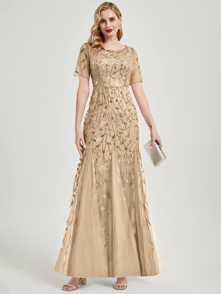Champagne Sequin Tulle Mermaid Evening Dress-Nomi