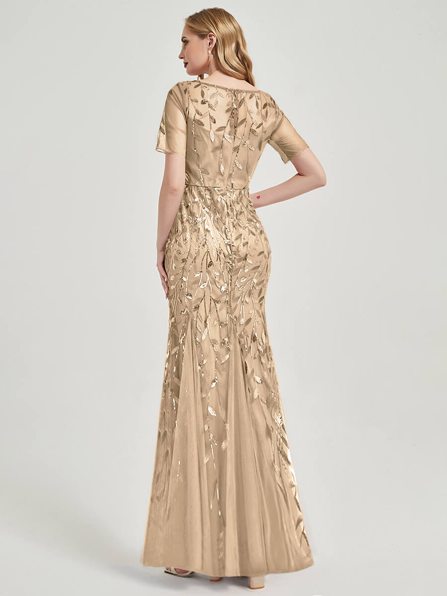 Champagne Sequin Tulle Mermaid Evening Dress-Nomi