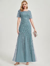 Dusty Blue Sequin Tulle Mermaid Evening Dress-Nomi