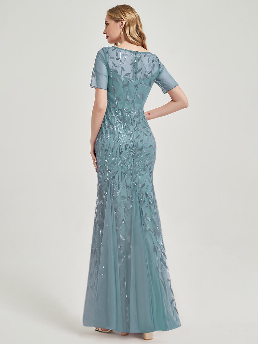 Dusty Blue Sequin Tulle Mermaid Evening Dress-Nomi