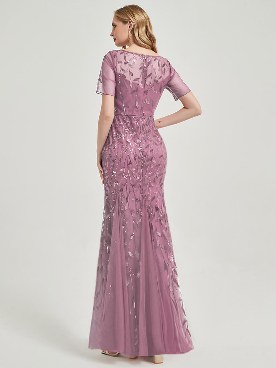 Dusty Rose Sequin Tulle Mermaid Evening Dress-Nomi