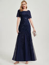 Navy Blue Sequin Tulle Mermaid Evening Dress-Nomi