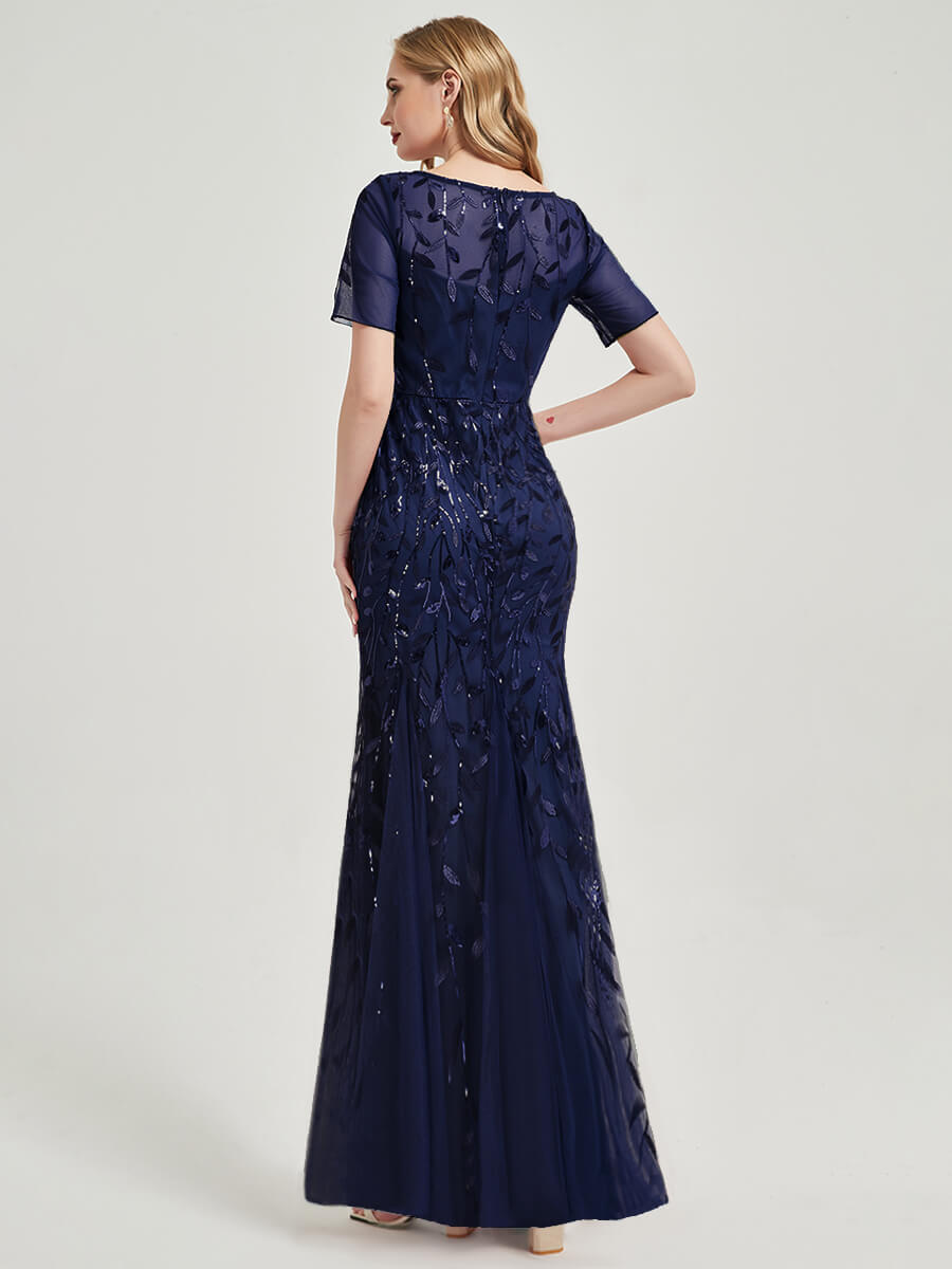 Navy Blue Sequin Tulle Mermaid Evening Dress-Nomi