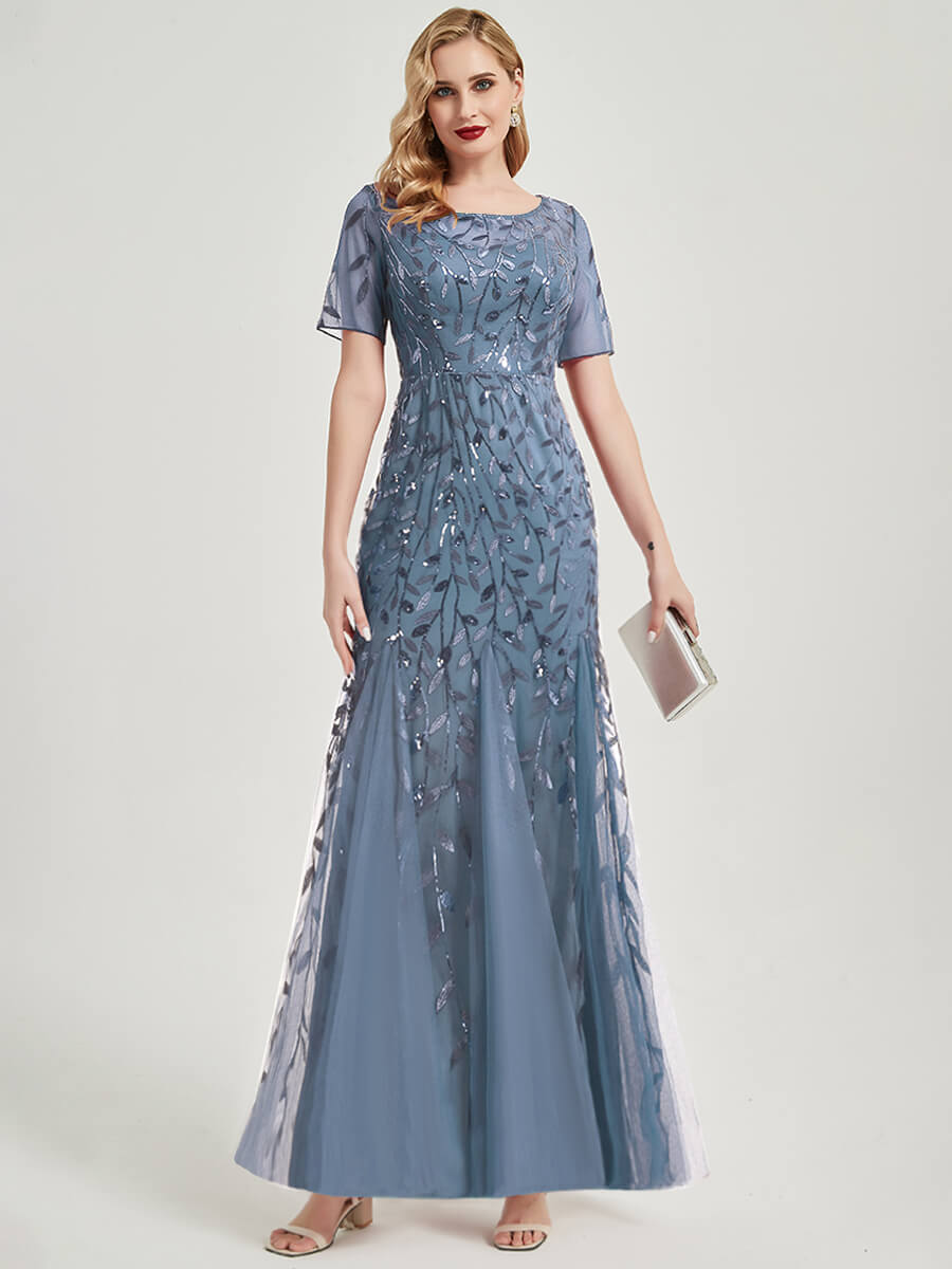 Slate Blue Sequin Tulle Mermaid Evening Dress-Nomi