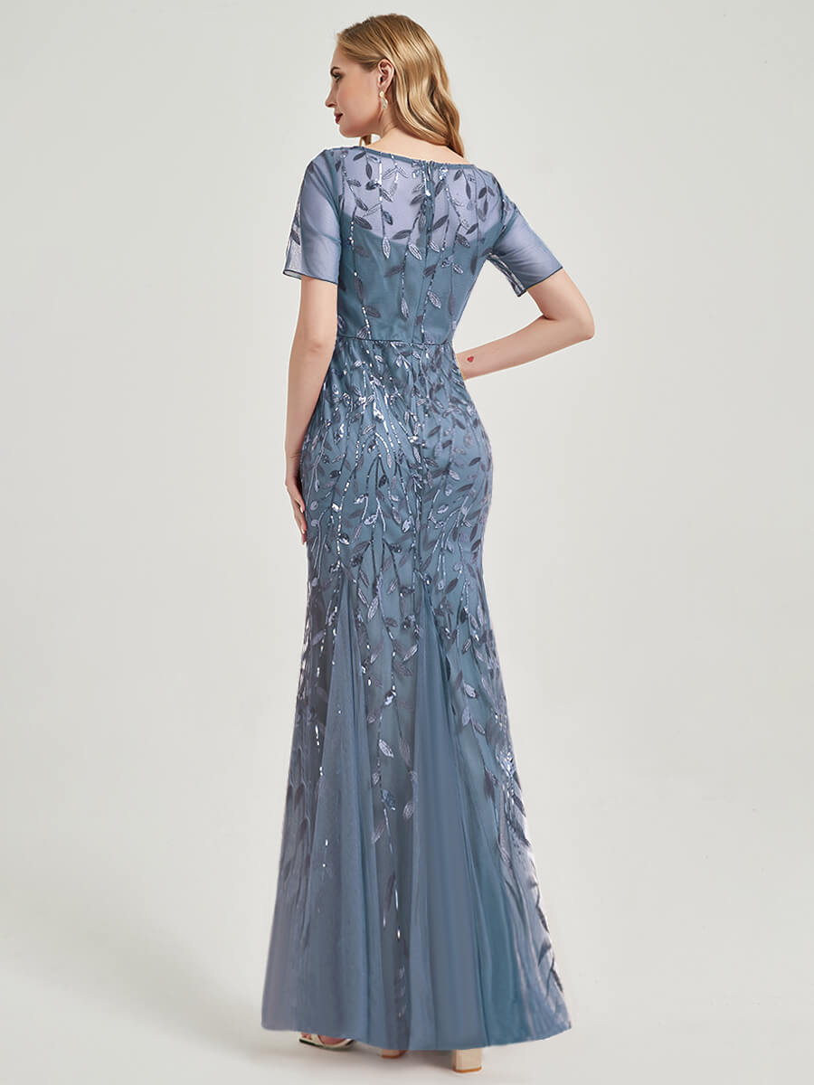 Slate Blue Sequin Tulle Mermaid Evening Dress-Nomi