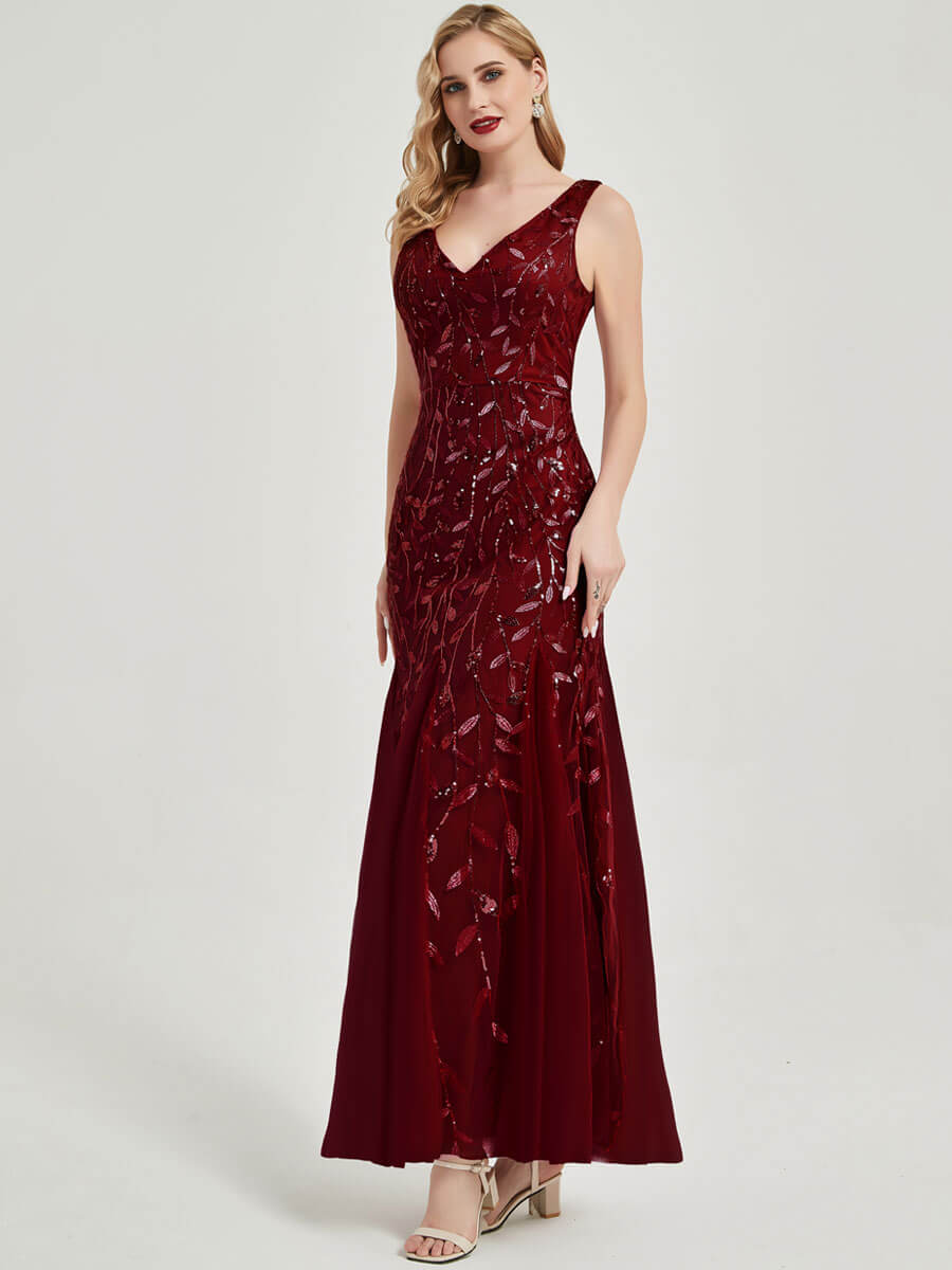 Burgundy V Sequined Mermaid Evening Dress-Tegan