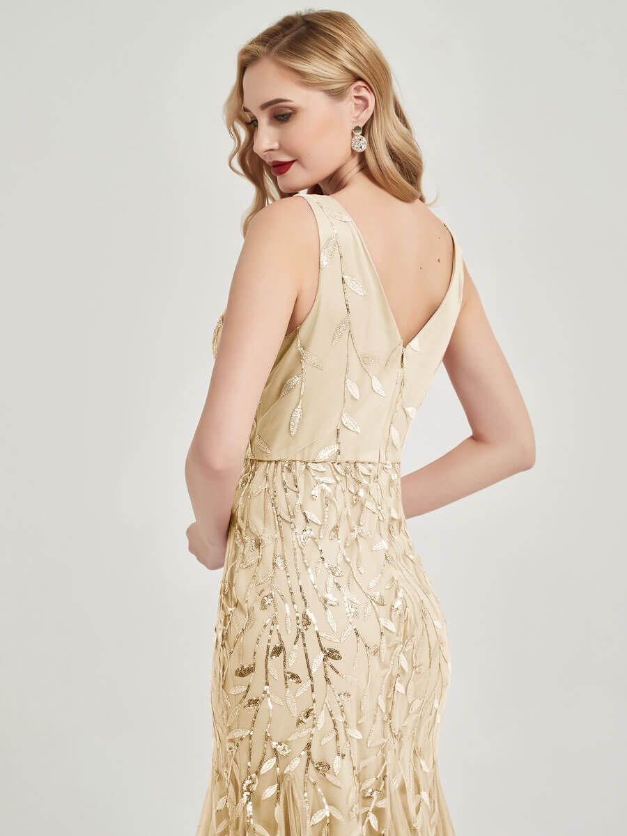 Champagne Gold V Sequined Mermaid Evening Dress-Tegan