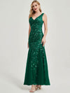 Emerald Green Leaves V-Neck Tulle Sequined Floor Length Formal Dress