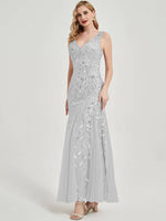 Grey V Sequined Mermaid Evening Dress-Tegan