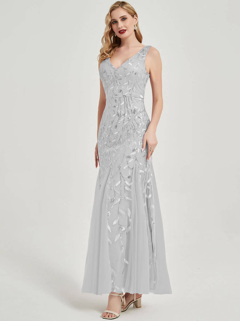 Grey V Sequined Mermaid Evening Dress-Tegan