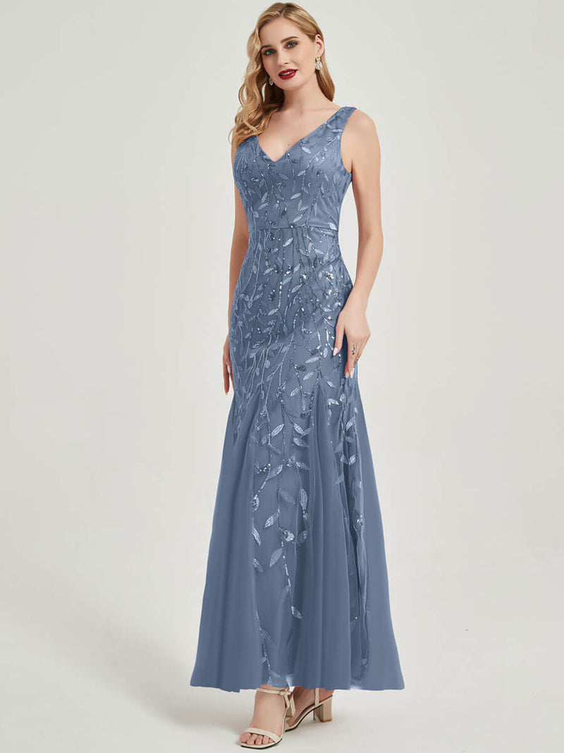 Slate Blue V Sequined Mermaid Evening Dress-Tegan