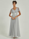 Grey Tulle V-neck Ruffle Sleeve Pleated Floor Length Bridesmaid Gown Lucy