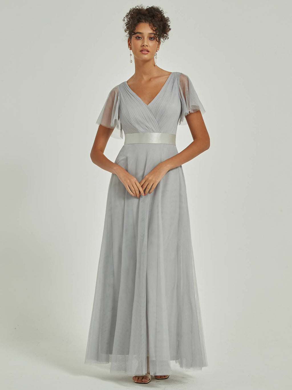 Floor Length Grey Tulle V-neck Ruffle Sleeve Pleated Bridesmaid Gown Lucy