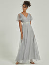 Floor Length Grey Tulle V-neck Ruffle Sleeve Pleated Bridesmaid Gown Lucy