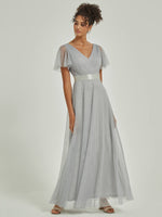 Floor Length Grey Tulle V-neck Ruffle Sleeve Pleated Bridesmaid Gown Lucy