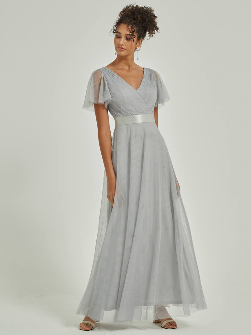 Floor Length Grey Tulle V-neck Ruffle Sleeve Pleated Bridesmaid Gown Lucy