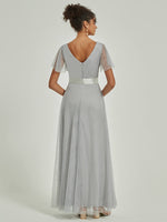 Tulle V-neck Ruffle Sleeve Pleated Floor Length Bridesmaid Gown Lucy
