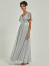 Grey Tulle V-neck Ruffle Sleeve Pleated Floor Length Bridesmaid Gown-Lucy