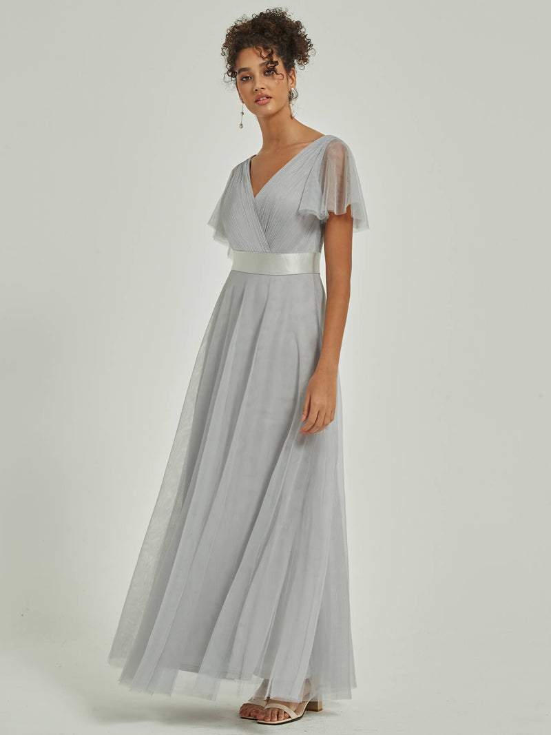 Grey Tulle V-neck Ruffle Sleeve Pleated Floor Length Bridesmaid Gown-Lucy