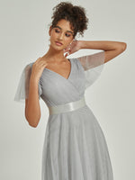 Grey Tulle V-neck Ruffle Sleeve Pleated  Bridesmaid Gown 