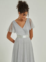 Floor Length Tulle V-neck Ruffle Sleeve Pleated Bridesmaid Gown Lucy