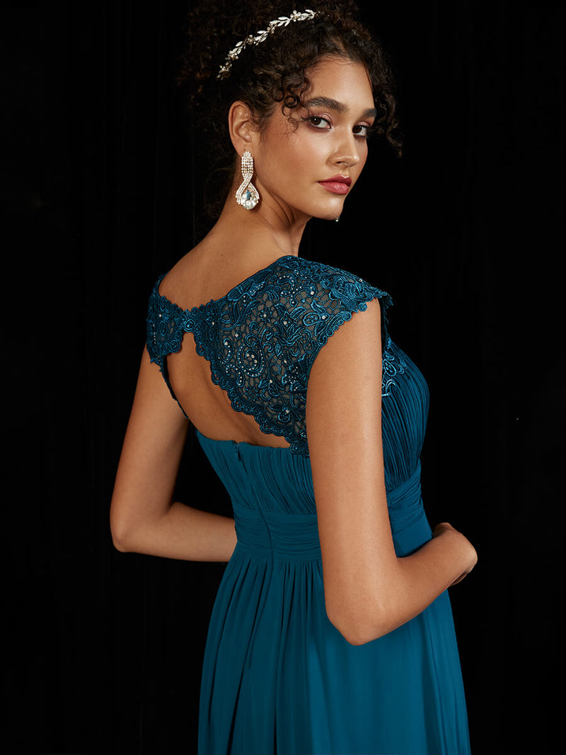 Teal Lace Open Back Elegant Floor Length Evening Dress Ryan