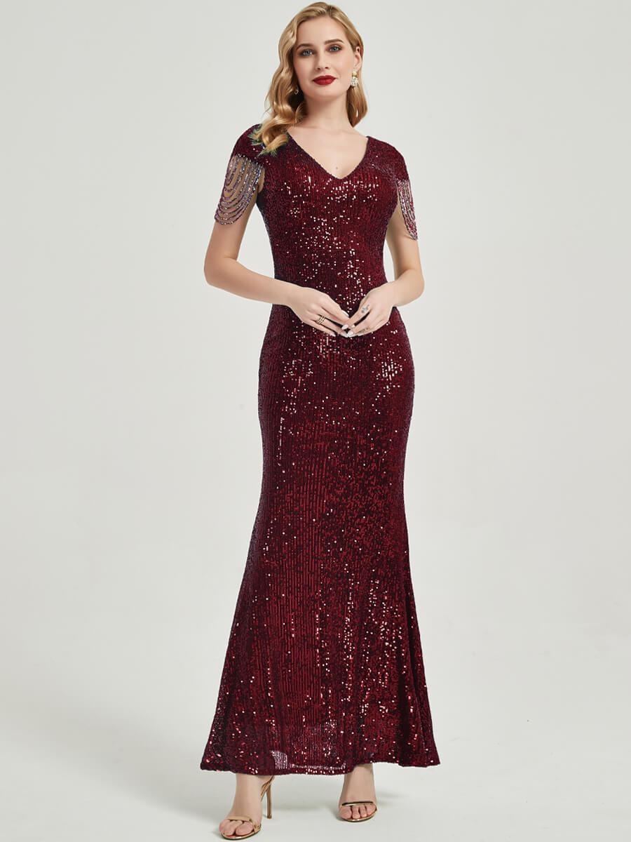 Burgundy Beadings Sleeve Sequins Mermaid Formal Gown Rava Front