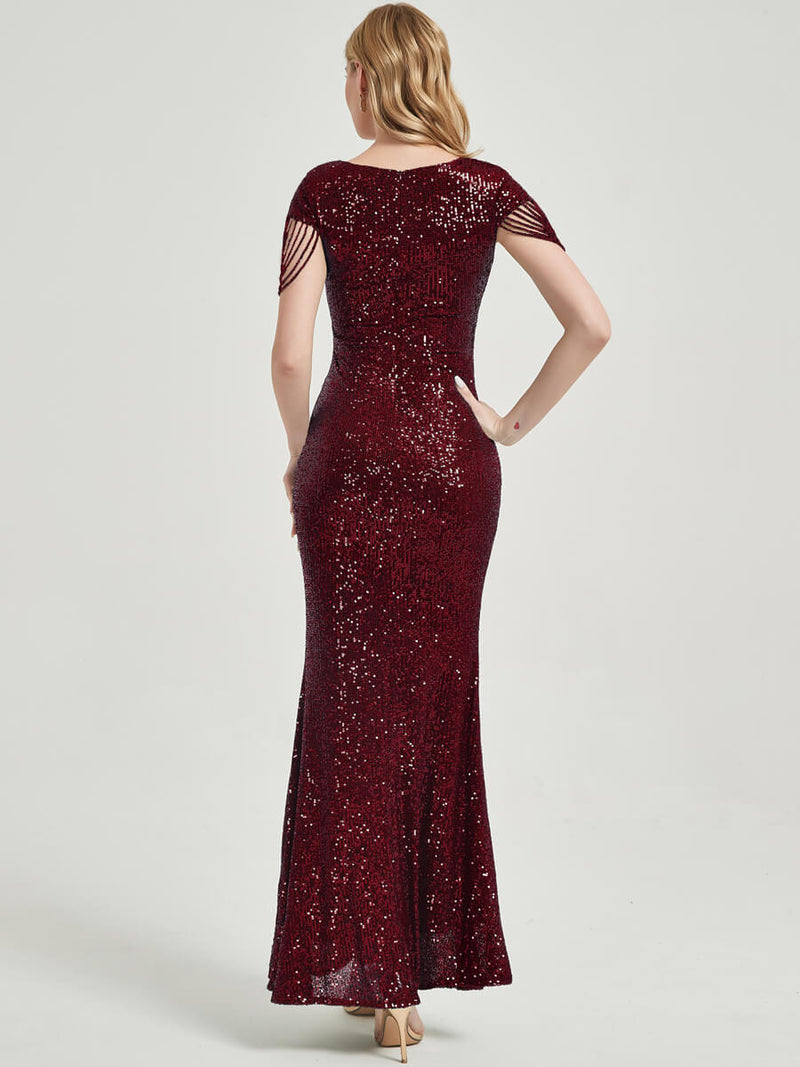 Burgundy Beadings Sleeve Sequins Mermaid Formal Gown Rava