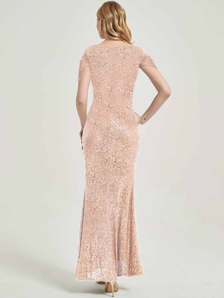 Champagne Beadings Sleeve Sequins Mermaid Formal Gown Rava Front