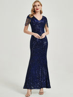 Navy Beadings Sleeve Sequins Mermaid Formal Gown Rava