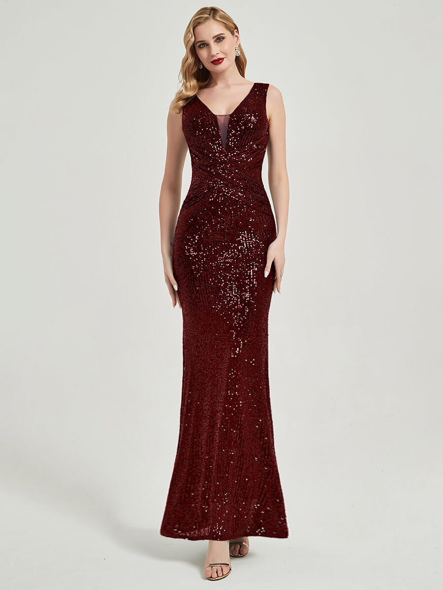 Burgundy Sequins Sleeveless Mermaid Formal Gown Tor