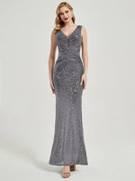 Steel Grey Sequins Sleeveless Mermaid Formal Gown Tori