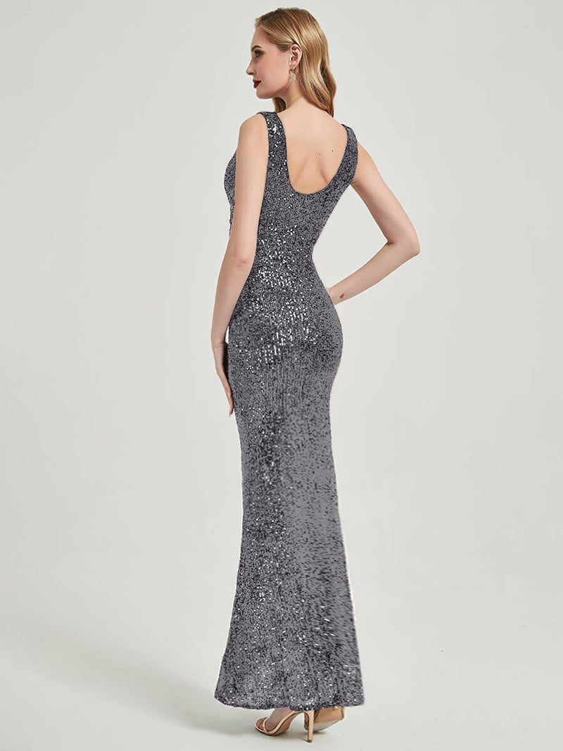 Steel Grey Sequins Sleeveless Mermaid Formal Gown Tori