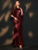 [Final Sale] Burgundy Tassel Sleeves Sequin Maxi Mermaid Formal Gown