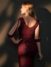[Final Sale] Burgundy Sleeved Sequins Mermaid Formal Gown Vera