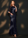 Navy Sleeved Sequins Mermaid Formal Gown Vera front