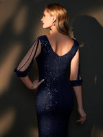 Navy Sleeved Sequins Mermaid Formal Gown Vera back detail