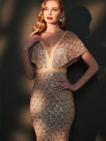 Champagne Batwing Sleeved Mermaid Formal Gown Reese Front Detail