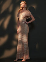 Champagne Batwing Sleeved Mermaid Formal Gown Reese side