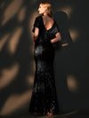 Black Batwing Sleeved Mermaid Formal Gown Reese Back