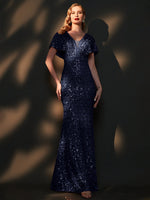 [Final Sale] Navy Blue Batwing Sleeve V-Neck Maxi Mermaid Formal Gown