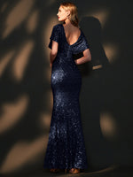 Navy Blue Batwing Sleeved Mermaid Formal Gown Reese Back