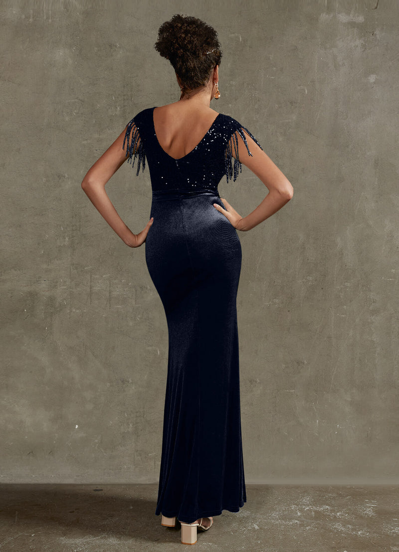 Glamorous Dark Navy Velvet Sequin Tassels Mermaid Formal Gown Gianna