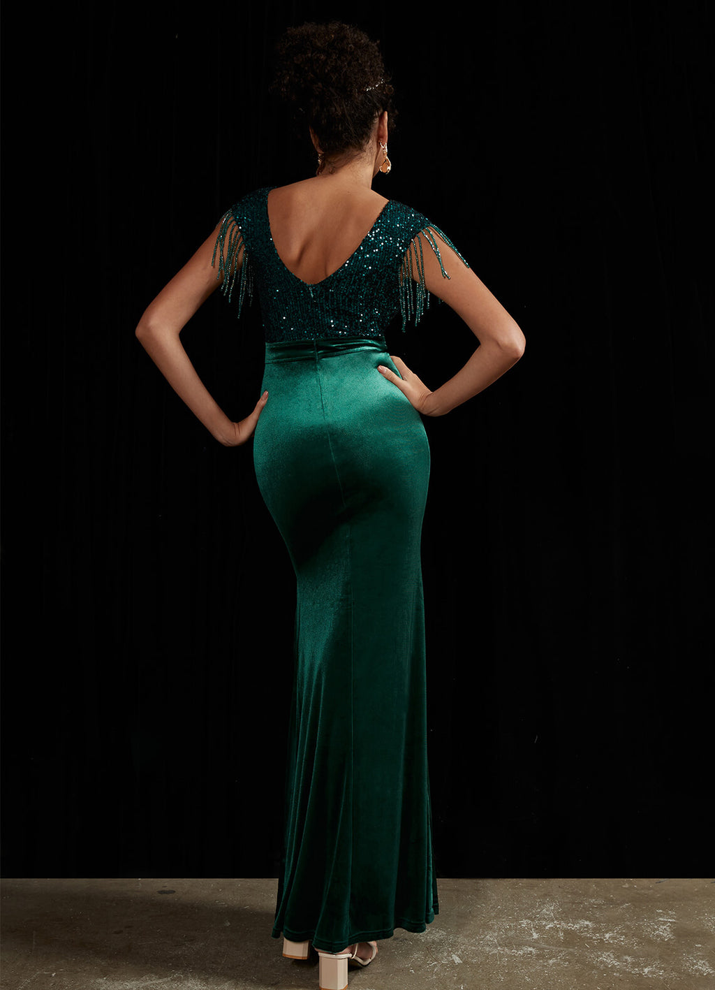 Sequin Tassels Sleeve Sheer V-Neck Slit Mermaid Formal Gown Gianna