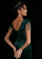 Emerald Green Velvet Sequin Tassels Sleeve Sheer V-Neck Slit Mermaid Formal Gown Gianna