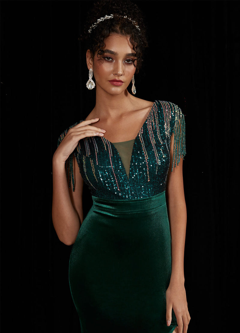 Emerald Green Velvet Sequin Tassels Sleeve Sheer V-Neck Slit Mermaid Formal Gown
